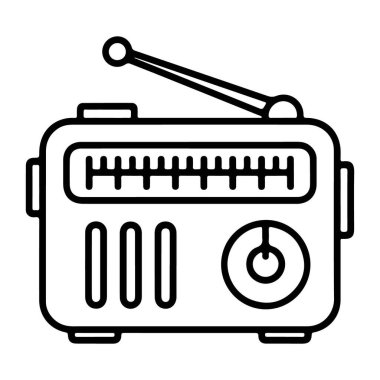 Belirgin bir akort kadranı, hoparlör ızgarası ve uzatılabilir antenli eski bir radyonun basit, stilize bir çizimi..