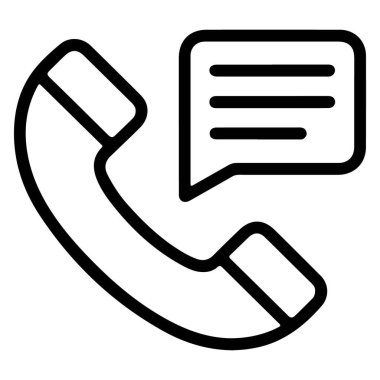 Konuşma baloncuğunun yanında bir mesaj ya da konuşmayı simgeleyen klasik bir telefon ahizesi tasvir eden basit bir siyah beyaz çizgi resim simgesi.
