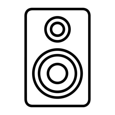 Birbirinin üstünde iki dairesel hoparlör bulunan dikdörtgen bir kabinin minimalist siyah beyaz çizimi..