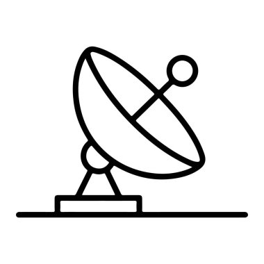 Bir üsse yerleştirilmiş uydu anteninin minimalist siyah beyaz çizimi iletişim ve teknolojiyi sembolize ediyor..