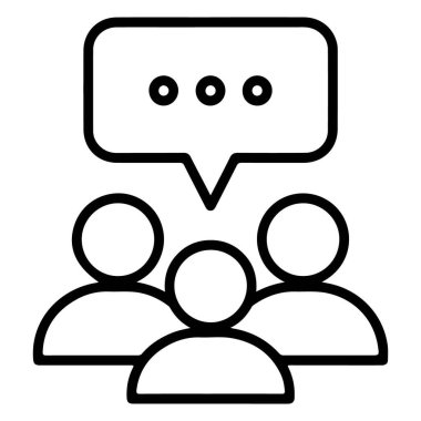Basit bir çizgi sanat ikonu üç stilize insan figürünün sohbete girişini tasvir ediyor, üzerlerinde de iletişimi gösteren bir konuşma balonu var..