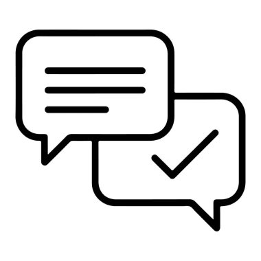 Üst üste binen iki konuşma baloncuğunun yer aldığı basit bir çizgi sanat ikonu. Bir baloncuk metni temsil eden yatay çizgiler içeriyor, ve diğerinde bir işaret simgesi var..