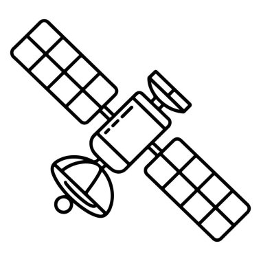 Yörüngedeki bir uydunun siyah-beyaz çizgisi, büyük güneş dizileri ve iletişim çanaklarının yer aldığı bir resim..