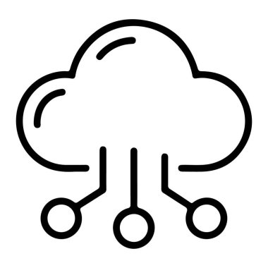 Çizgilerle birbirine bağlı üç dairesel düğümü olan bir bulut şeklinin minimalist çizgi çizimi, veri transferini veya ağ bağlantısını sembolize eder.