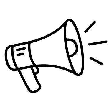 Bir megafonun el çizimi, siyah beyaz çizgisi. Ses dalgalarını gösteren, bir duyuruyu ya da uyarıyı sembolize eden bir megafon..