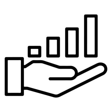 Bir minimalist çizgi sanat ikonu, yükselen bir dizi çubuğu destekleyen, mali büyüme ve ilerlemeyi sembolize eden açık bir el tasvir ediyor.