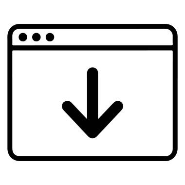 Üç noktalı bir tarayıcı penceresi ve indirme veya kaydetme eylemini gösteren belirgin bir aşağıya doğru ok tasvir eden minimalist siyah ve beyaz ana hatlı bir simge.