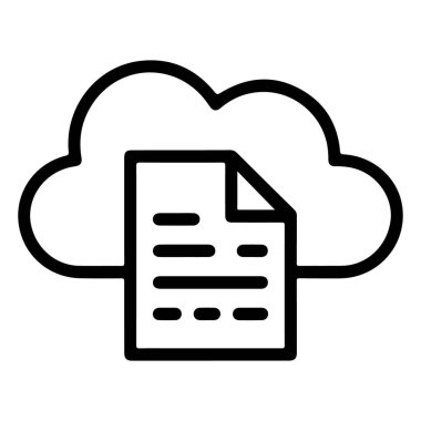 Dijital veri ve bulut hizmetlerini temsil eden, bulut şekli içinde depolanmış bir belge veya kağıt tasvir eden basit bir satır sanat simgesi.
