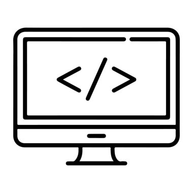 Bir bilgisayar monitörünün ortak kodlama sembolleri açı parantezlerini gösteren basit bir siyah ve beyaz ana hat simgesi.