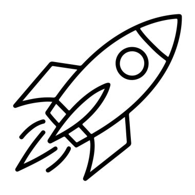 Havaya fırlatılan bir roketin minimalist siyah beyaz çizgisi, yukarı doğru hareket ettiğini gösteren stilize egzoz izleri..