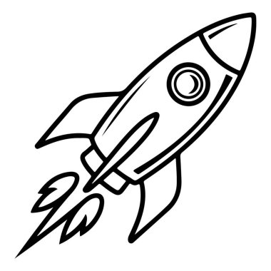 Hızlandırıcılarından yükselen alevlerle birlikte yukarı doğru giden dinamik bir yörüngeyle tasvir edilen bir roket gemisinin basit, siyah beyaz çizimi..