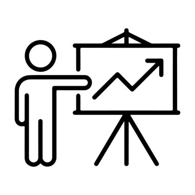 Bir kişinin beyaz tahtayı göstererek yukarı doğru bir grafiği ok ile gösteren basit bir çizgi çizimi.