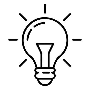 Klasik parlak bir ampulün, ışık saçan, minimalist siyah beyaz çizgisi. Fikirleri ve yenilikleri temsil eder.
