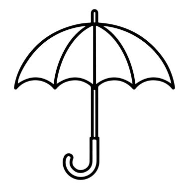 Beyaz bir arka planda sunulan, kavisli açık bir şemsiyenin minimalist çizgi çizimi.