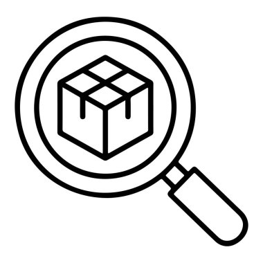 Bir paket veya kutuyu temsil eden bir küp üzerine odaklanmış bir büyüteç gösteren basit bir çizgi resim simgesi.