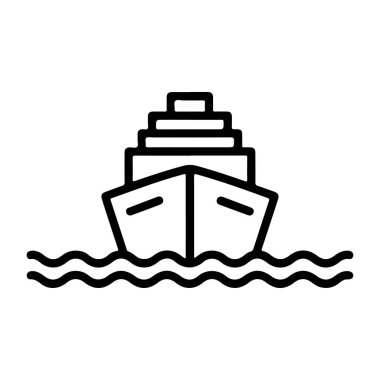 Basit bir siyah-beyaz çizgi, stilize edilmiş dalgalı su üzerinde seyreden çok katlı bir yolcu gemisinin ön tarafını tasvir ediyor..