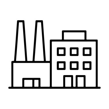 İki uzun baca ve kare pencereli çok katlı bir yapının yer aldığı bir sanayi binasının minimalist çizimi.