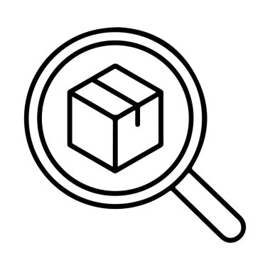 Karton bir kutuya odaklanmış bir büyütecin basit bir çizgi çizimi, bir paketin arama veya teftişini temsil eder.