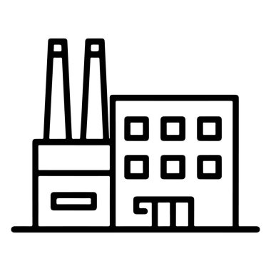 Sanayi üretimini temsil eden iki bacası ve birden fazla penceresi olan bir fabrikanın minimalist çizimi.
