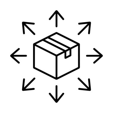 Dağıtımı ya da nakliyatı sembolize eden, her yöne bakan okları olan basit bir çizgi çizimi.