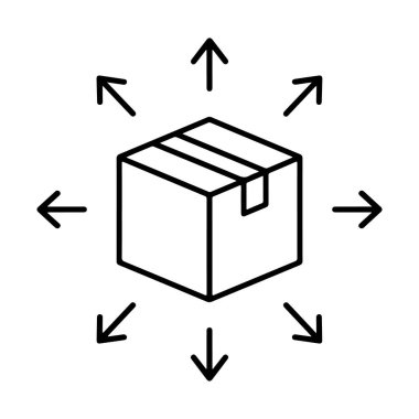 Karton bir kutunun tüm yönleri gösteren, dağılımı ve nakliyeyi sembolize eden basit bir çizgi sanat simgesi..