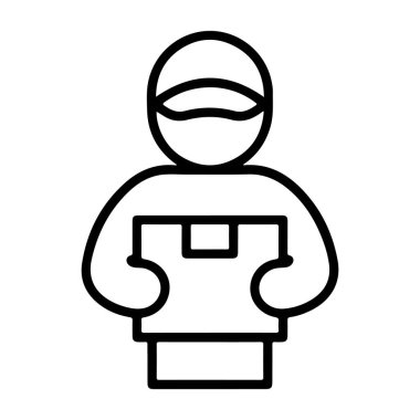 Basit bir siyah beyaz çizgi, şapka takan ve kutu tutan, teslimatı veya nakliyatı temsil eden bir kişinin simgesi..