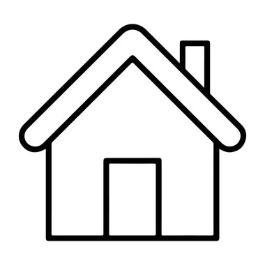 Minimalist çizgili bir ev, perdeli bir çatı, bir kapı ve bir baca. Taslak açık ve net..