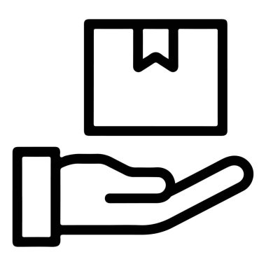 Basit bir çizgi sanat ikonu kapalı bir kutuyu nazikçe tutan bir eli tasvir ediyor, teslimatı, nakliyeyi ve lojistiği simgeliyor.