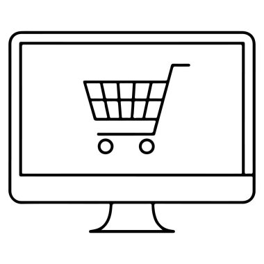 Alışveriş arabası simgesini gösteren basit bir bilgisayar çizimi. İnternet üzerinden alışveriş ve e-ticareti temsil ediyor.