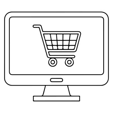 Basit bir çizgi çizimi ekranında online ticareti temsil eden bir alışveriş arabası simgesi olan bir bilgisayar monitörünü gösterir..