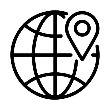 Şekil verilmiş siyah-beyaz çizgili bir sanat simgesi. Bir konumu gösteren bir harita iğnesi olan bir dünya küresi tasvir ediyor..