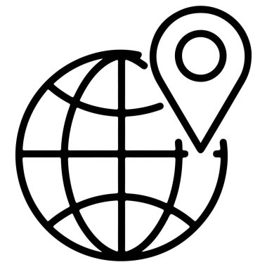 Yüzeyine bir lokasyon iğnesi yerleştirilmiş bir küre tasvir eden basit bir siyah beyaz çizgi sanat simgesi.