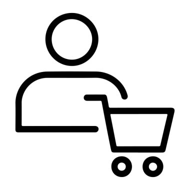 Alışveriş arabası olan birini temsil eden basit bir siyah beyaz çizgi simgesi, çevrimiçi alışverişi veya müşteri alımlarını sembolize ediyor.