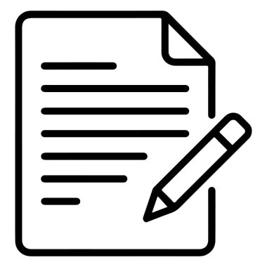 Metin ve kalem satırları ile bir belgeyi tasvir eden, yazı, düzenleme veya not almayı sembolize eden basit bir siyah beyaz çizgi sanat simgesi.
