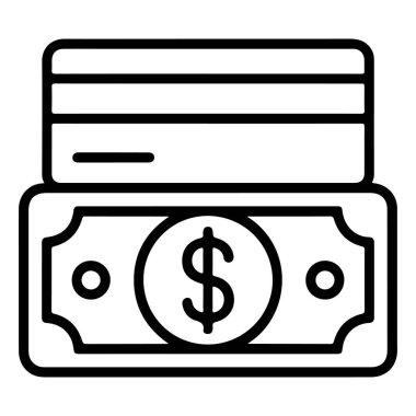 Bir dolar banknotunun üstüne bir dolar işareti konmuş bir kredi kartı tasvir eden basit bir çizgi sanat simgesi.