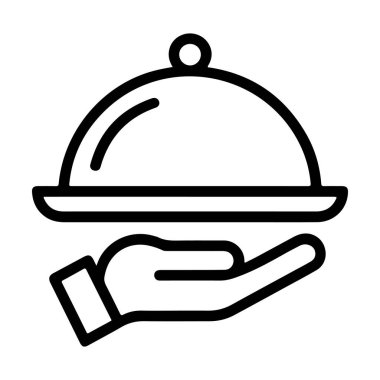 Kubbeli kapaklı bir tabağı tutan bir eli tasvir eden basit bir siyah beyaz çizgi sanat simgesi, servis ve yemek sunumunu sembolize ediyor..