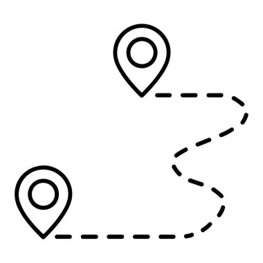 Bir rota ya da yolculuğu temsil eden kesik bir çizgi ile birbirine bağlanmış iki harita çizgisi çizimi.