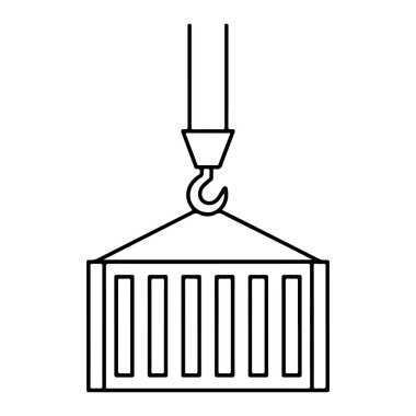 Basit bir çizim vinç kancasından askıya alınmış bir nakliye konteynırını gösteriyor, nakil ya da yerleştirmeye hazır..