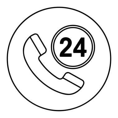 Bir telefon ahizesinin siyah-beyaz çizimi içinde 24 saat hizmet veren bir daire içeriyor..