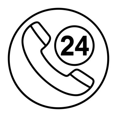 Çember içindeki bir telefon ahizesinin siyah-beyaz çizimi 24 rakamı 24 saat servisi gösteriyor..