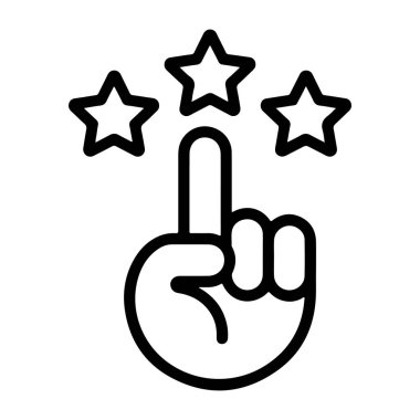 İşaret parmağı havada bir eli tasvir eden basit bir çizgi sanat ikonu, üç yıldız eşliğinde, başarıyı, başarıyı veya en yüksek derecelendirmeyi simgeliyor..