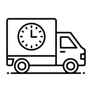 Bir dağıtım kamyonunun basit bir çizgisi çizimi. Yüzü saat gibi duruyor. Hızlı ya da zamanında teslimat hizmetlerini temsil ediyor..