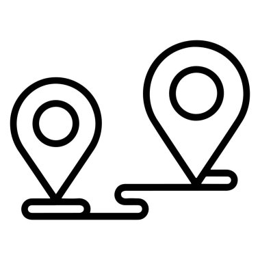 Bir rota veya yolculuğu temsil eden, dolambaçlı bir yol ile birbirine bağlı iki harita iğne işaretleyicisini gösteren basit bir çizgi simgesi.