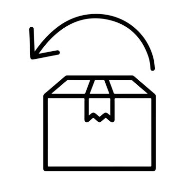 Dönüş veya değiş tokuşu gösteren eğri bir okla karton bir kutu tasvir eden basit bir çizgi sanat simgesi.