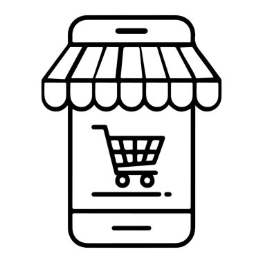 Basit bir akıllı telefon çizimi, tenteli ve alışveriş arabası simgesi, mobil bir online mağazayı sembolize ediyor..
