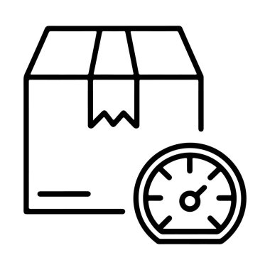 Hız göstergesinin yanında karton bir nakliye kutusu tasvir eden basit bir çizgi resim simgesi, hızlı teslimat hizmetlerini simgeliyor..