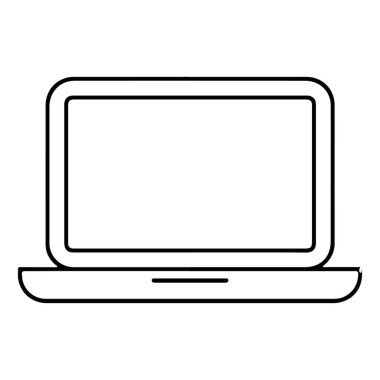 Açık bir dizüstü bilgisayarın minimalist siyah beyaz çizgisi. Ekran ve klavye açıkça tanımlanmıştır.