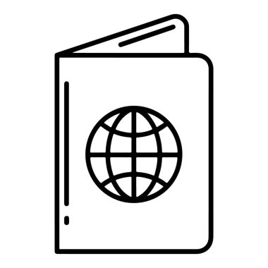 Açık bir pasaportun minimalist çizimi. Kapağında uluslararası seyahatleri sembolize eden önemli bir dünya amblemi var..