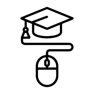 Mezuniyet şapkasını bilgisayar faresiyle birleştiren bir minimalist çizgi sanat simgesi, çevrimiçi öğrenme ve dijital eğitimi sembolize ediyor.