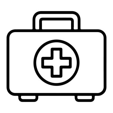 Belirgin bir haç sembolü olan klasik bir tıbbi ilk yardım çantasının minimalist siyah beyaz çizgili tasviri..